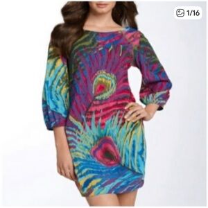 Trina Turk Colorful Peacock Pattern Dress Size 8 CB-